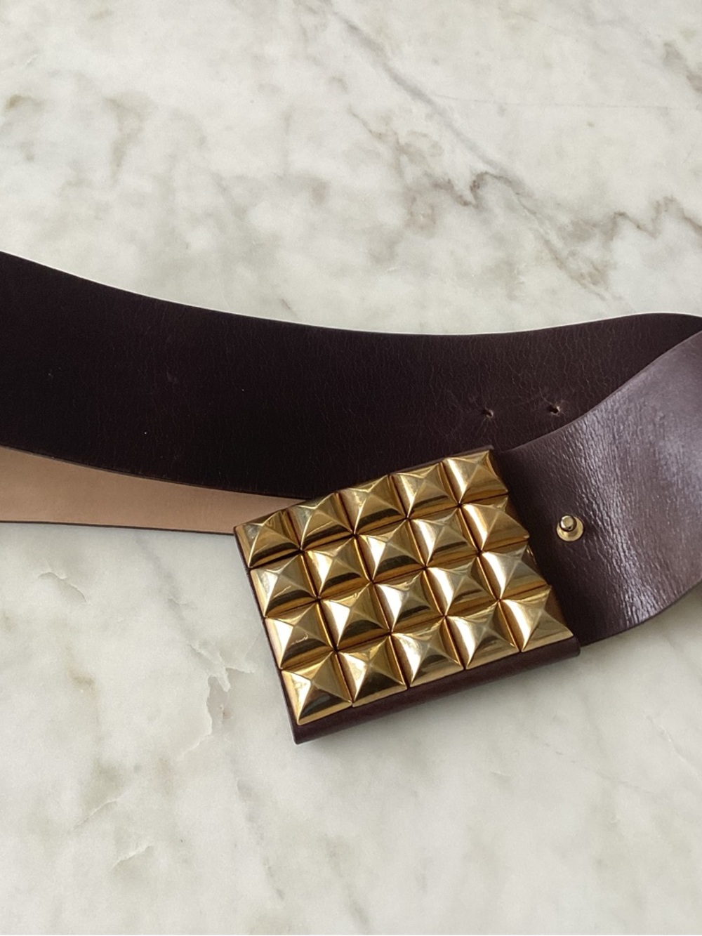 Streets Ahead Dark Brown Leather Belt with Gold Pyramid Buckle